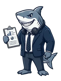 The Ace Pacific media shark in a suit holding a clipboard with media coverage, audience growth, and brand mentions checked off