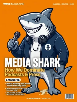 A playful magazine cover starring the Ace Pacific media shark mascot: How We Dominate Podcasts and Press