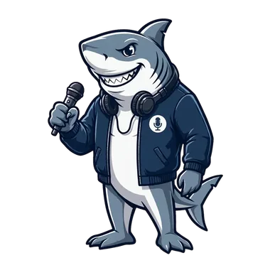 The Ace Pacific media shark mascot holding a microphone